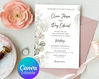 Convite de casamento em aquarela com eucalipto e folhagem verde-sálvia, modelo editável (download digital)