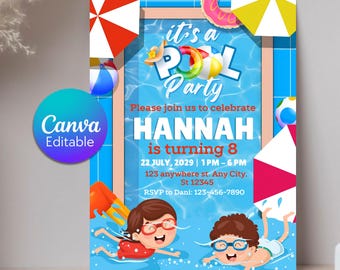 Pool Party Birthday Party Invitation, Whimsical Swim Birthday Invite, Pink Bow Coquette Summer Birthday Pool Celebration, Instant Download