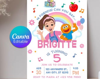Convite de aniversário da Sra. Rachel, tema Aprendizado Musical, editável no Canva (download digital)