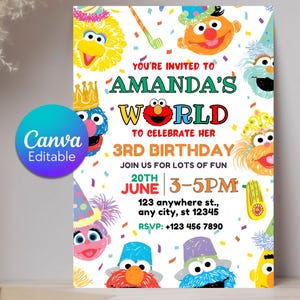 May include: A colorful birthday party invitation featuring Sesame Street characters. The invitation reads "Amanda's World" and announces a 3rd birthday celebration. Includes date, time, location, and RSVP information. The Canva Editable logo is visible.