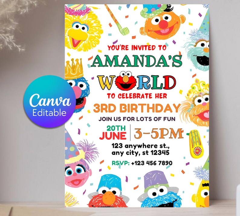 May include: A colorful birthday party invitation featuring Sesame Street characters. The invitation reads "Amanda's World" and announces a 3rd birthday celebration. Includes date, time, location, and RSVP information. The Canva Editable logo is visible.