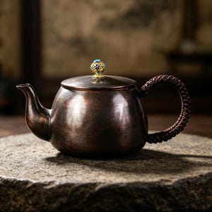 Peut inclure: Une théière de couleur bronze avec une anse et un bec décoratifs. Le couvercle est orné d'un bouton doré avec des accents bleus et verts. La théière est posée sur une surface en pierre.