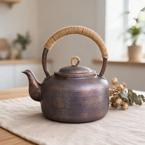 Handmade Vintage Copper Teapot, Hammered Copper Tea Kettle with Rope Handle, Artisan Tea Pot, Rustic European Style Tea Ceremony Gift