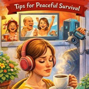 Può includere: Illustrazione della copertina del libro "The Noise Next Door: Tips for Peaceful Survival". Una donna con le cuffie e una tazza di caffè è la figura centrale. L'immagine include una finestra con persone che ridono e una fotocamera.