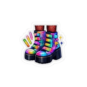 May include: A sticker featuring a pair of platform boots with a rainbow tie-dye design. The boots have black soles, multiple straps, and are adorned with a yellow star. The boots are paired with red fishnet stockings. Colorful accents and stars complete the design.