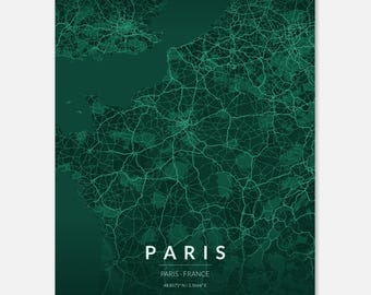 Mapa de la ciudad de París, póster minimalista de arte mural de Francia.