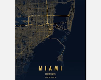 Mapa de la ciudad de Miami impreso, póster de arte de pared de Miami, mapa de la ciudad de Florida, decoración costera minimalista, regalo de viaje, arte de pared moderno para el hogar