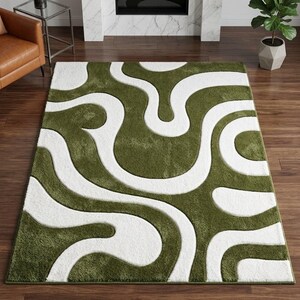 Hand-Tufted Wool Carpet – Olive Green Abstract Wavy Pattern, Plush Modern Living Room Rug