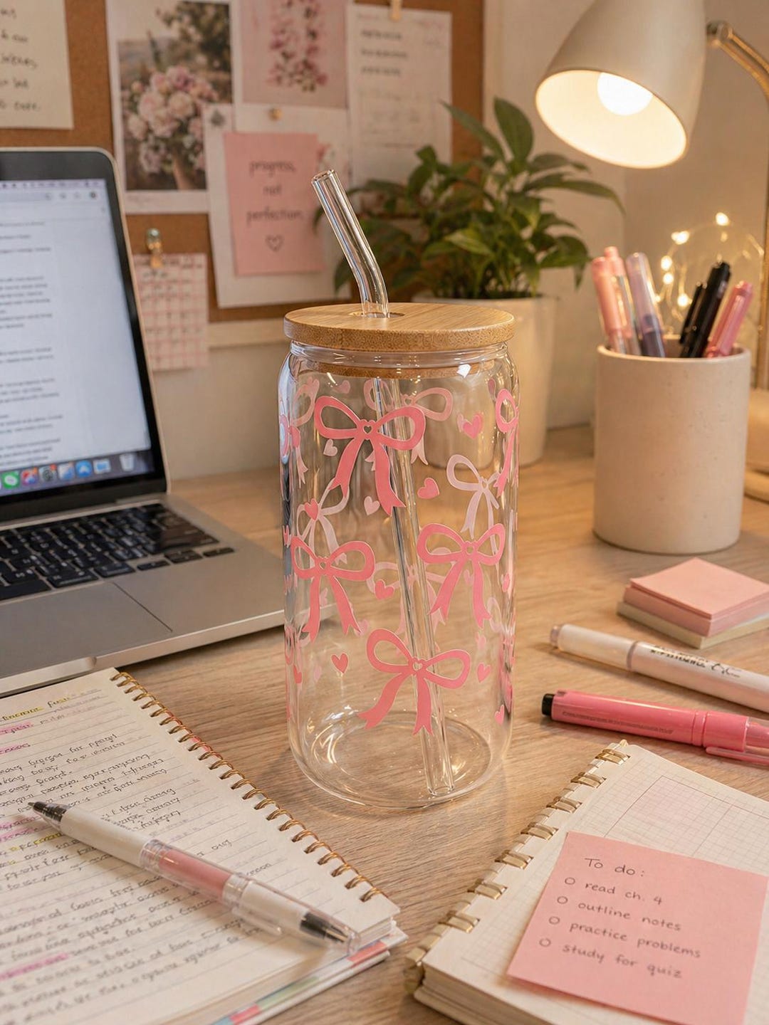 Pink Bow Heart Glass Cup, 16oz Iced Coffee Cup With Lid and Straw, Cute ...