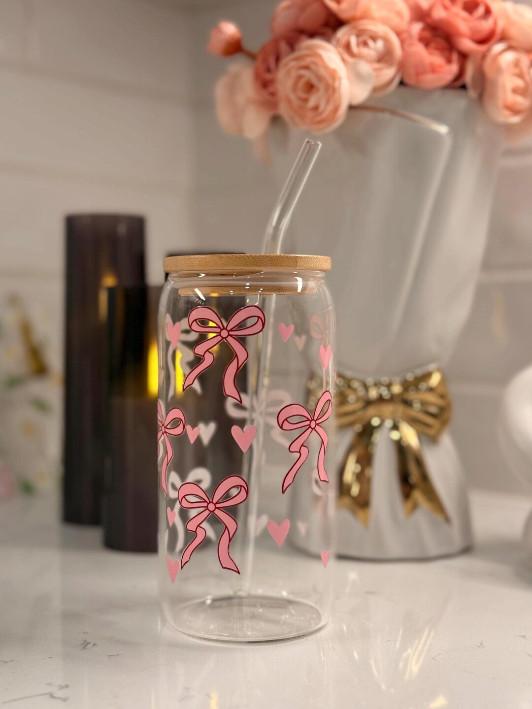 Coquette Pink Bow Heart Glass Cup, 16oz Iced Coffee Cup With Lid and ...