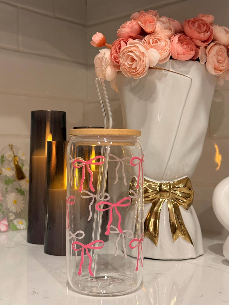 Minimal Pink Bow Glass Cup, 16oz Iced Coffee Cup With Lid and Straw ...