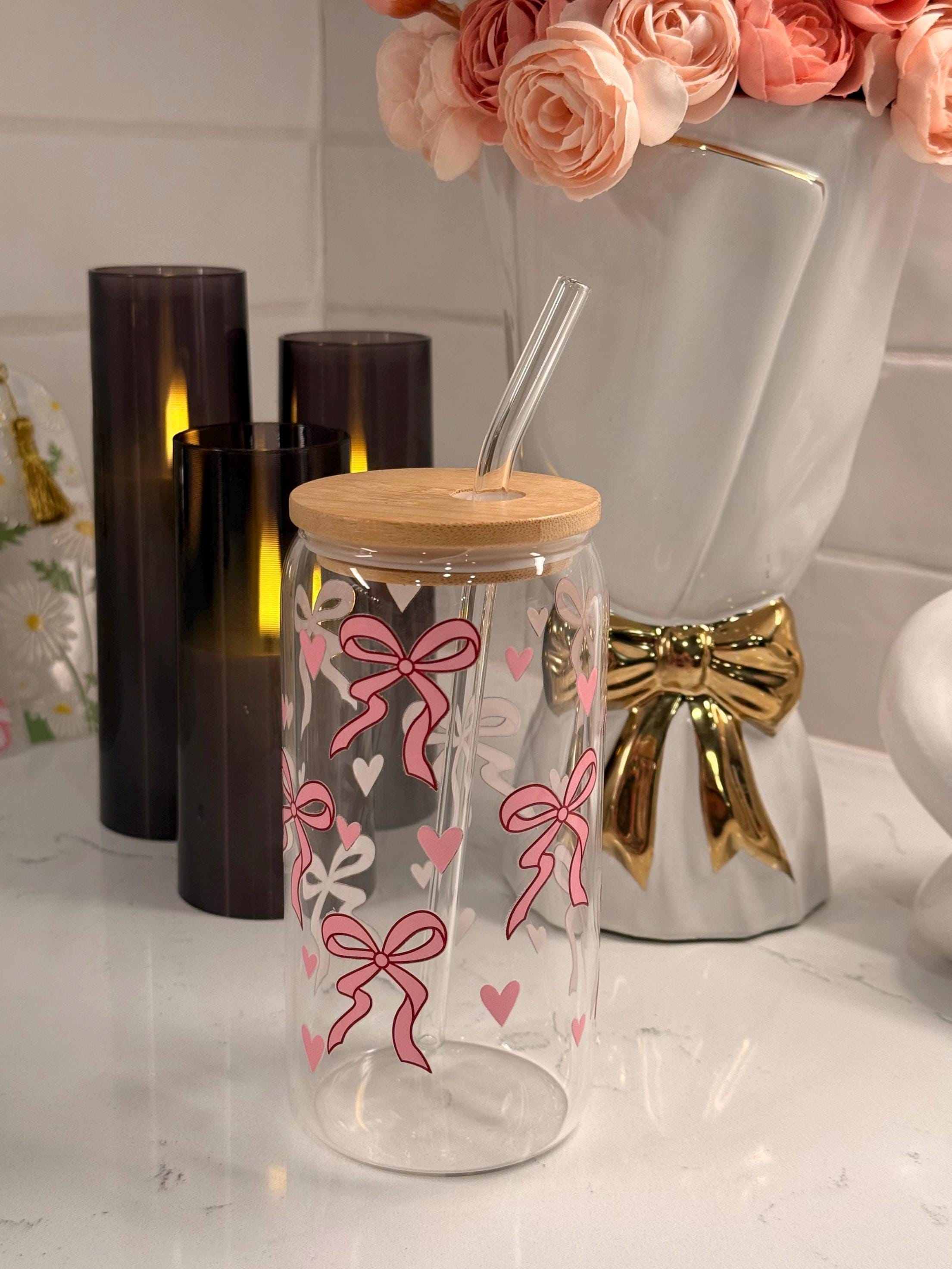 Coquette Pink Bow Heart Glass Cup, 16oz Iced Coffee Cup With Lid and ...