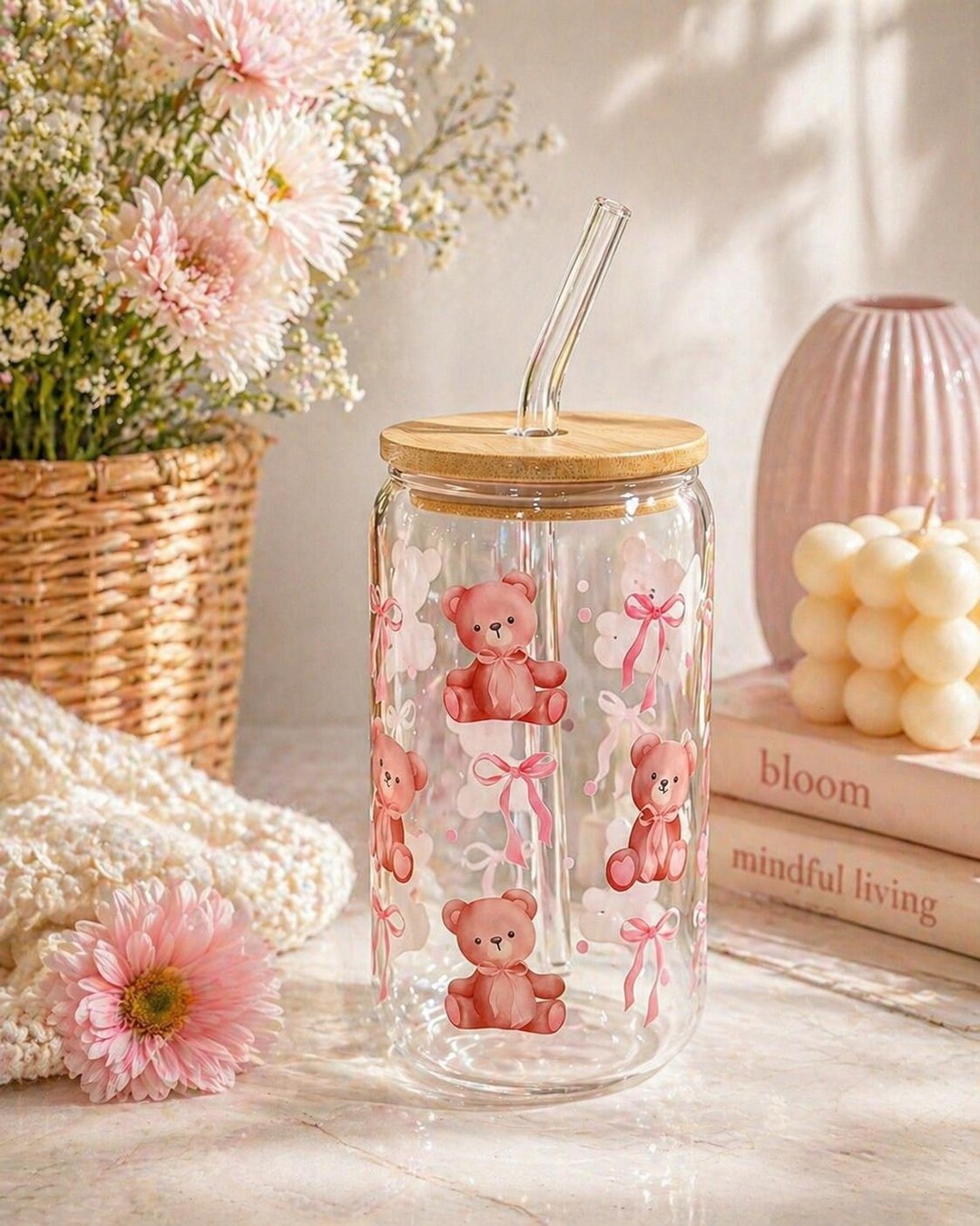 Teddy Bear Bow Glass Cup, 16oz Iced Coffee Cup With Lid and Straw, Cute ...