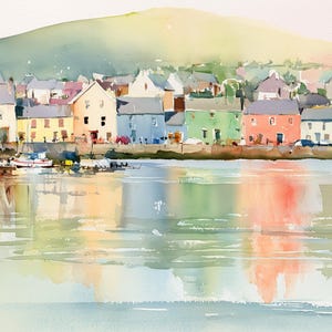 May include: A watercolor painting depicting a coastal town with colorful buildings in shades of yellow, blue, green, and red lining a harbor. The structures are reflected in the calm water below, with a large, soft-toned hill rising in the background.