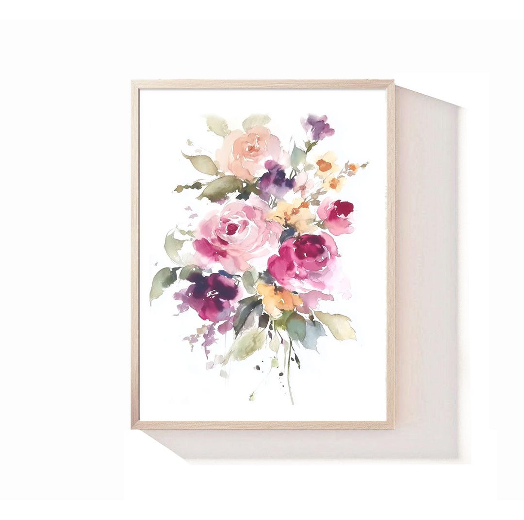 Pink Floral Watercolor Print Rose Bouquet Wall Art Romantic Botanical ...
