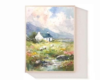 Ireland Print Sheep Watercolor Art Landscape Poster Ireland Cottage Artwork