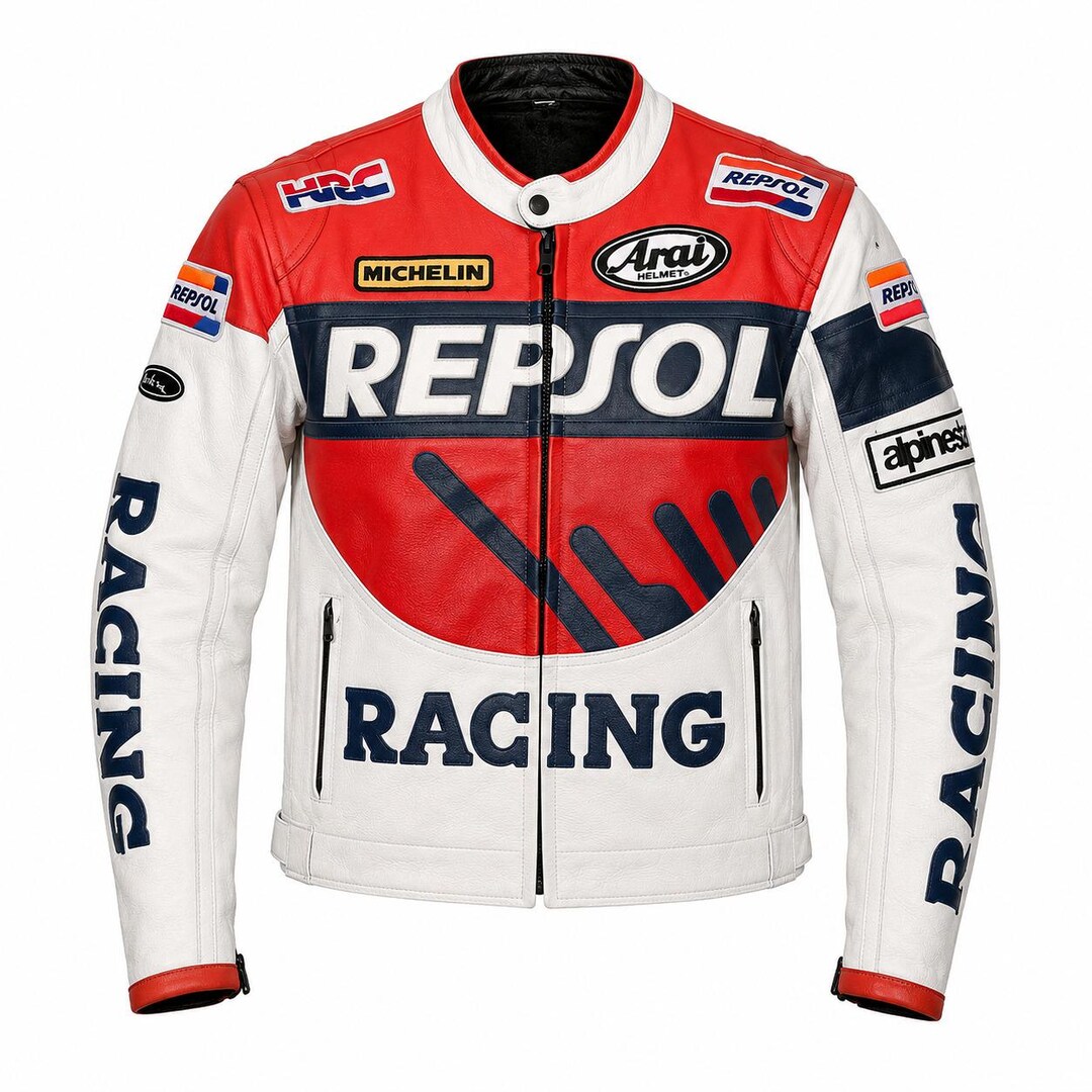 Honda Repsol Vintage Leather Jacket | White & Red Genuine Cowhide Biker ...