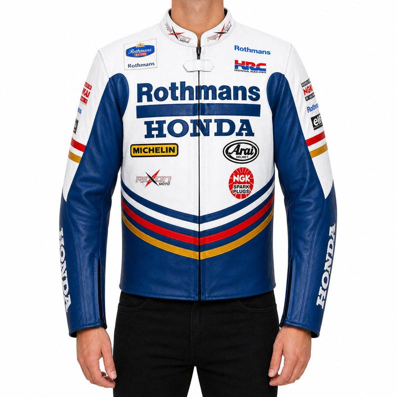 Rothmans Rally Jacket Honda Rothmans Racing Leather Jacket - White & Blue Genuine Cowhide ...