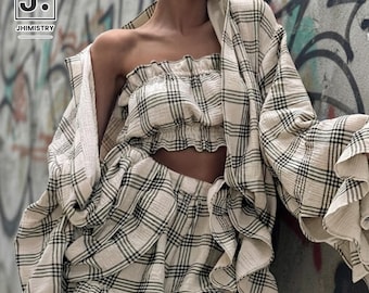 Matching Shorts Set | Loose Long Sleeve Shirt | Resort Wear | Summer Lounge Clothing