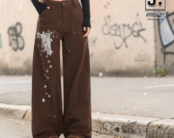 Cargo Straight Pants | Star Print Wide Bottoms | Daily Wear | Y2K Streetwear Style