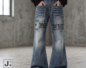 Letter Printed Jeans | Washed Straight Leg Pants | Daily Wear | Y2K Streetwear Style