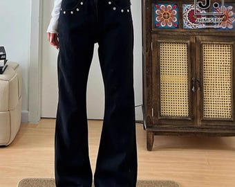 Wide Leg Jeans | Straight Studded Flared Pants | Daily Wear | Y2K Streetwear Style