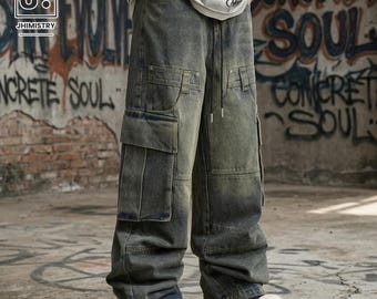 Cargo Wide Jeans | Loose Utility Denim Pants | Daily Wear | Grunge Streetwear Style