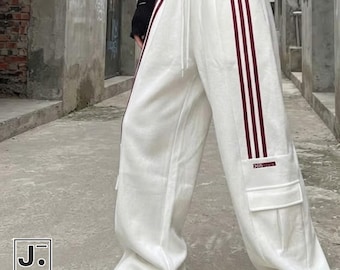 Stripe Cargo Pants | Loose Wide Leg Bottom | Daily Wear | Sport Street Style