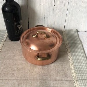 French, 16cm 6 1/4&quot;, Vintage, Stamped, Copper, Small, Round Casserole Pan with Lid.