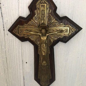 Large, Wall Hanging, Antique French, Bronze Crucifix on a Wooden Cross,