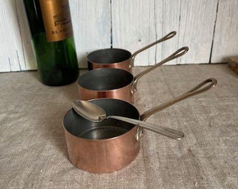 Francés, Vintage, Par de sartenes de cobre, revestidas de estaño,