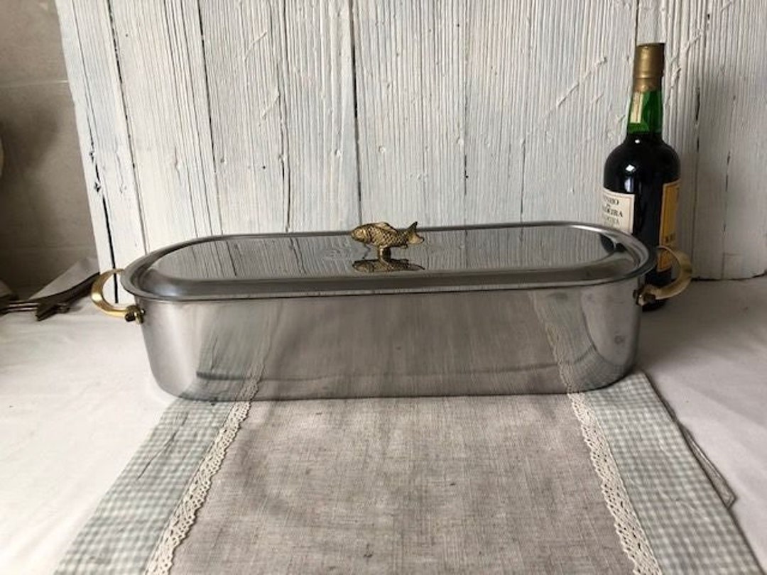 Vintage, French, Fish Poacher, Stainless Steel, Brass Fish Decoration ...
