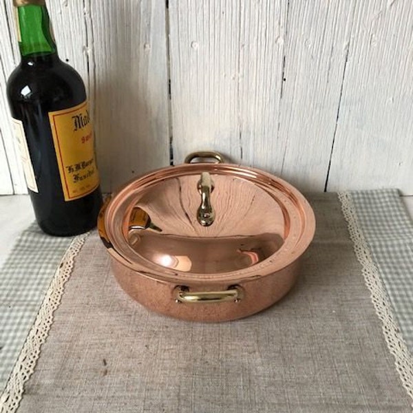 French,  20cm 8",  Vintage, Stamped, Copper, Restored, Retinned, Double Handled Saute Pan with Lid.