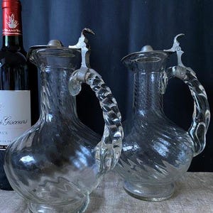 French, Vintage, Glass and Pewter , Wine Decanter, Wine Carafe.