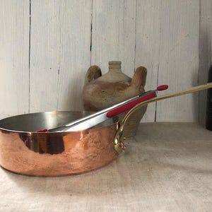 French, 22cms, Copper and Bronze, Saute Pan, Stamped VILLEDIEU ML FRANCE, Good Quality.