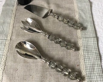 French, Vintage, 3 Piece Glass Handled, White Metal Cake Service - Fruit Servers, unusual, Unique, Rare.
