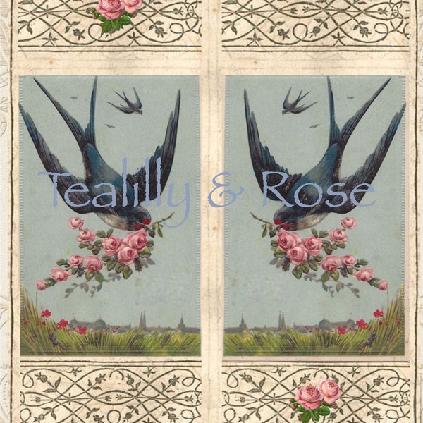 Junk Journal Kit Digital Download Printable Ephemera Paper Journal Pages Cover Swallows Roses birds Vintage Ephemera