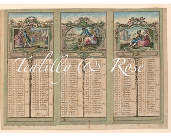 Kit di diario spazzatura del calendario francese del XVIII secolo Download digitale Effimeri stampabili Pagine rustiche vintage decoupage di arte della parete istantanea