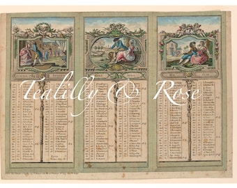May include: A vintage French calendar from 1789 featuring illustrations of couples in different scenes. The calendar lists the days of the month and the associated saints' names. The months displayed are January, February, March, April, May, and June.