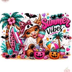 May include: A digital illustration featuring a fluffy brown highland cow wearing a ghost sheet and a pink leopard print bow. The cow holds an ice cream cone, surrounded by palm trees, a surfboard, a jack-o'-lantern, and text reading Summer Vibes.