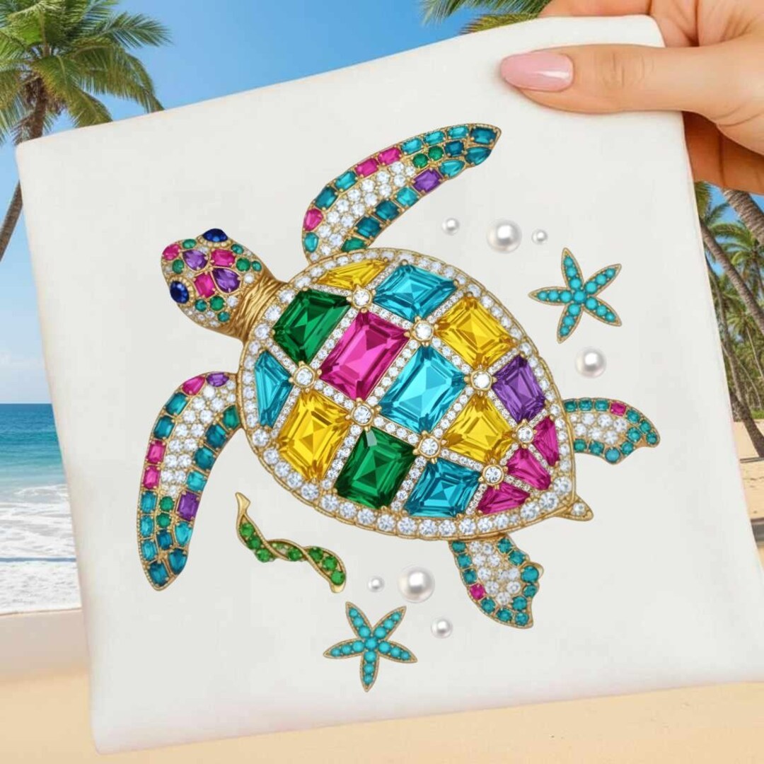 Turtle Shell Bling Beach Turtle PNG, Faux Rhinestone Turtle Sublimation Design, Faux ...