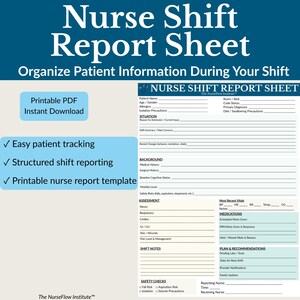May include: A printable PDF nurse shift report sheet designed to organise patient information during a nursing shift. Features include sections for patient details, assessment, and shift notes. The sheet is designed for easy patient tracking. The title is "Nurse Shift Report Sheet".