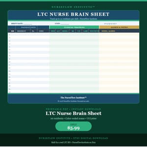 May include: A printable PDF LTC Nurse Brain Sheet with color-coded zones for 20 residents. The document features sections for patient info, clinical tracking, and alerts & notes. The design includes the NurseFlow Institute logo and text.