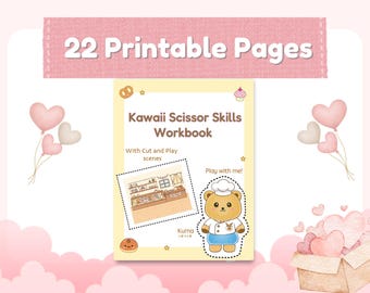 かわいいはさみスキルワークブック（未就学児向け）｜印刷可能な22ページ｜細かい運動能力を養うアクティビティ｜切り貼り練習｜対象年齢：3～5歳