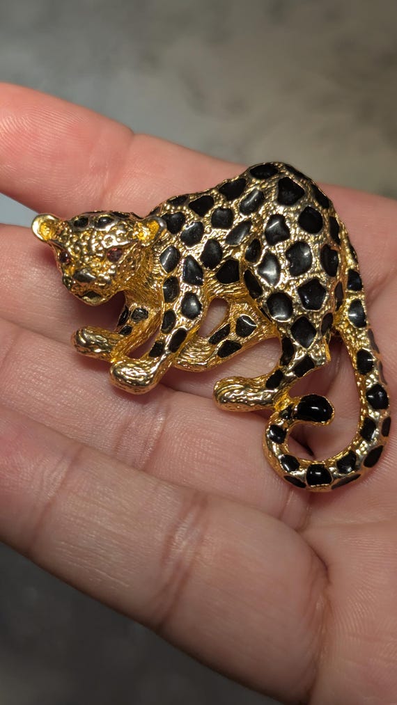 Vintage Park Lane Leopard Pendant Necklace With Monet Chain, Black