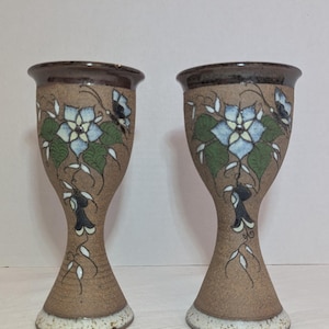Signed Studio Pottery Goblets Pair Hand Thrown Floral Chalice Cups Artisan Ceramic
