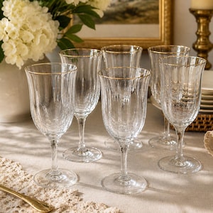 Vintage Gorham Kristall Weingläser Set 6 Goldrand Becher Elegante getäfelte Klarglas Barware Hochzeit Tischdekoration