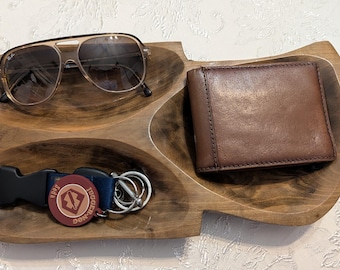 Mid Century Modern Hand Carved Walnut Wood Tray | Divided Snack Organizer Decor