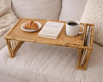 Vintage bamboe schoottafeltje boho rotan banktafel bekerhouder ontbijtblad