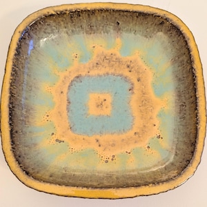 Vintage Swedish Studio Pottery Square Bowl | Mid Century Modern Stoneware Dish | Blue Green Drip Glaze Serving Bowl | Scandinavian Ceramic